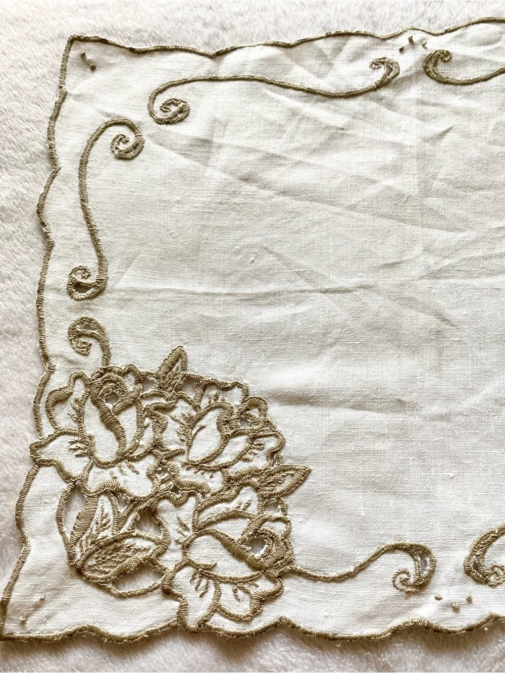 Vintage Cream Table Linen with Gold Embroidered Scrollwork